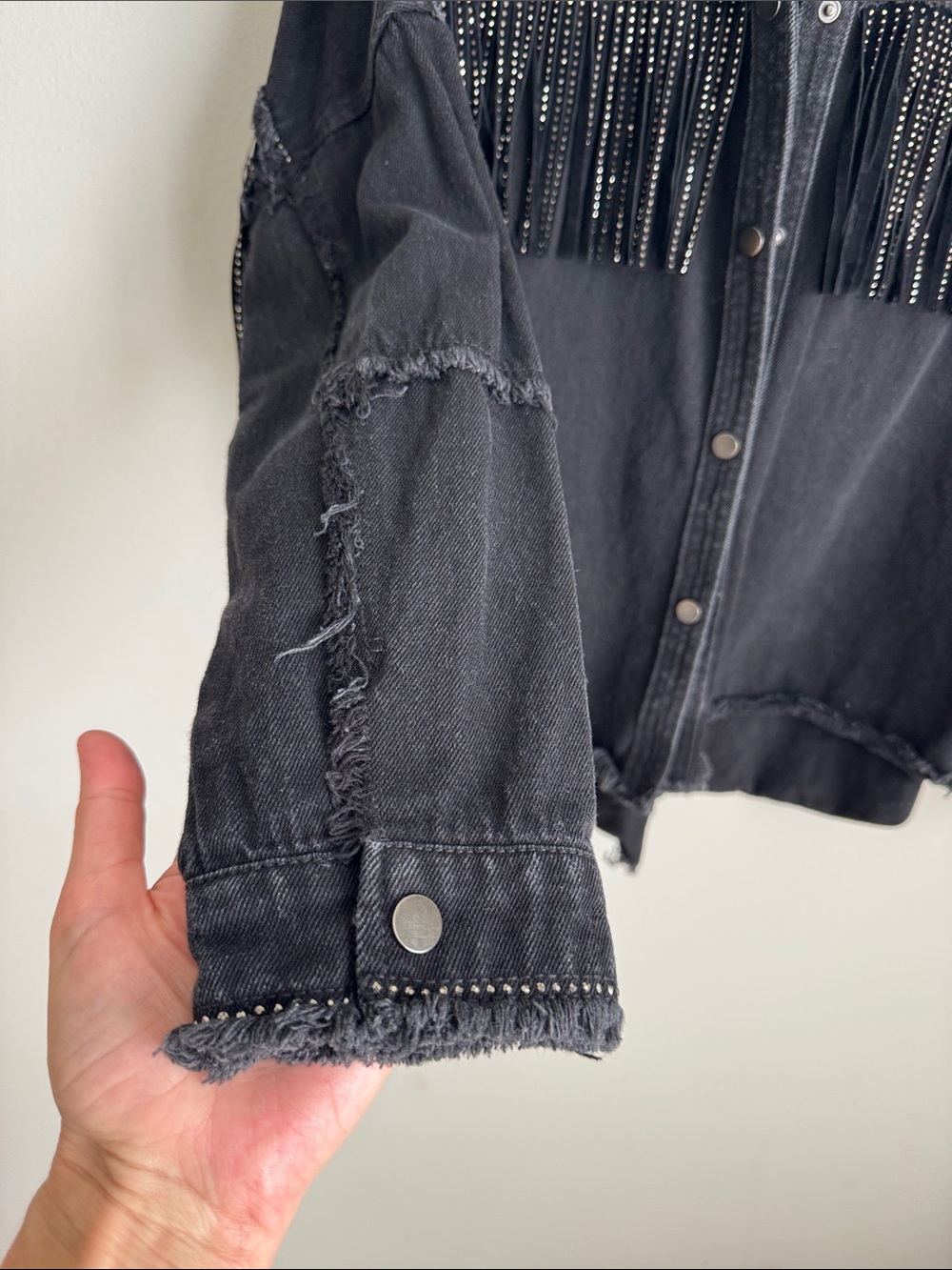 Zara Black Denim Rhinestone Fringe Oversized Jacket Size Small - Picture 6 of 15